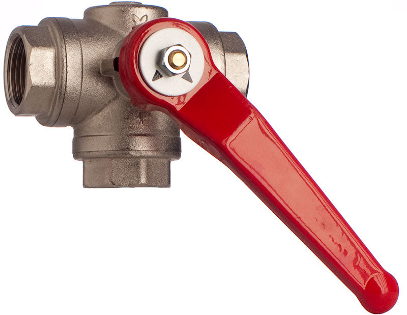 3 Wege Kugelhahn, 1 1/2 Zoll IG, L-Bohrung, Messing vernickelt, Hebelgriff