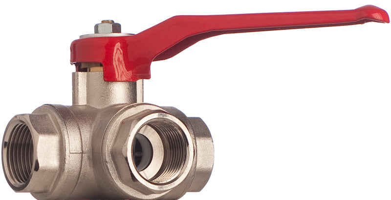 3 Wege Kugelhahn, 2 Zoll IG, L-Bohrung, Messing vernickelt, Hebelgriff