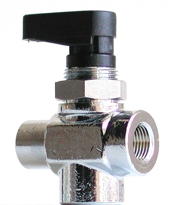 3 Wege Kugelhahn Miniatur, 3/8 Zoll IG, Knebelgriff, Schalttafeleinbau, T Bohrung