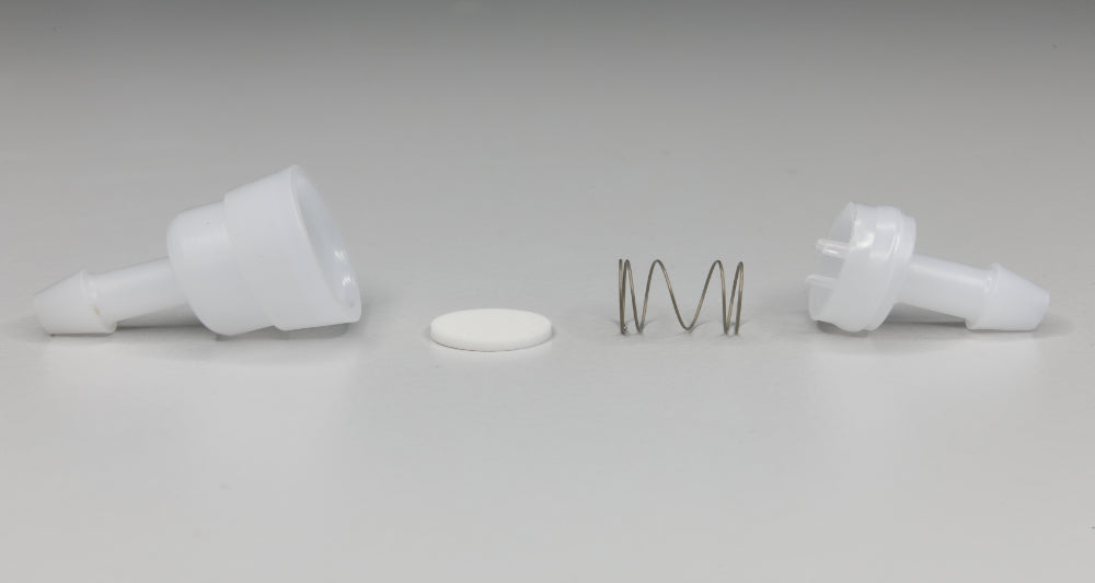 Rückschlagventil Kunststoff PE, federbelastete Membran Silikon Kautschuk, 4 mm Schlauchanschlüsse, max. 2,5 bar