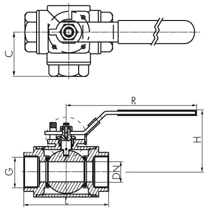 3 Wege Kugelhahn, 3/4 Zoll IG, L-Bohrung, Edelstahl